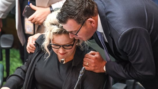 Premier Daniel Andrews congratulates Health Minister Jill Hennessy on the passing of the bill in the lower house last month.