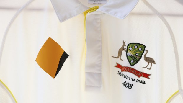 Michael Clarke's Test shirt featuring Phillip Hughes' Test cap number 408.