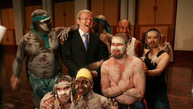 Then prime minister Kevin Rudd with performers at the Welcome to Country ceremony that began the opening of the 42nd Parliament in 2008.
