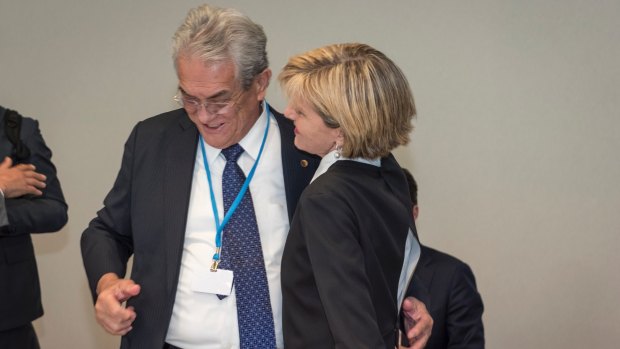 That was then: Foreign Minister Julie Bishop hugs then Marshall Islands minister Tony de Brum at the Paris climate summit.