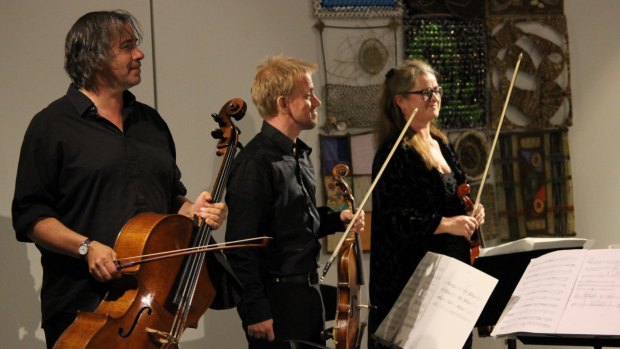 Red Note Ensemble members Robert Irvine (cello), Tom Hankey (viola) and Kathy Shave (violin) collaborating with The Griffyn Ensemble in Canberra.
