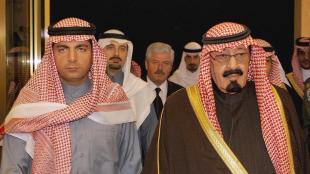 Saad Hariri (background left) and his brother Baha al-Din Hariri (left) receive condolences from then Saudi Crown Prince Abdullah (right) in Riyadh after the assassination of their father in February 2005. Saad Hariri is a Saudi citizen.