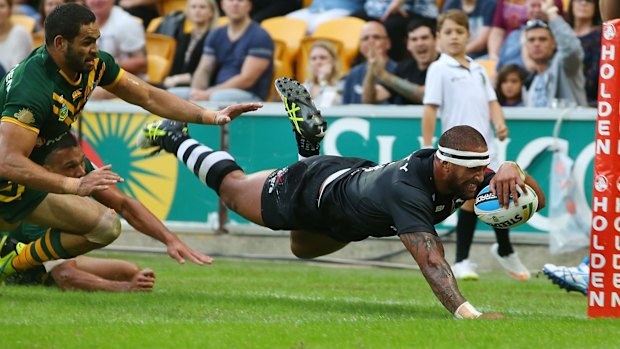 Changing of the guard: Manu Vatuvei scores for New Zealand.