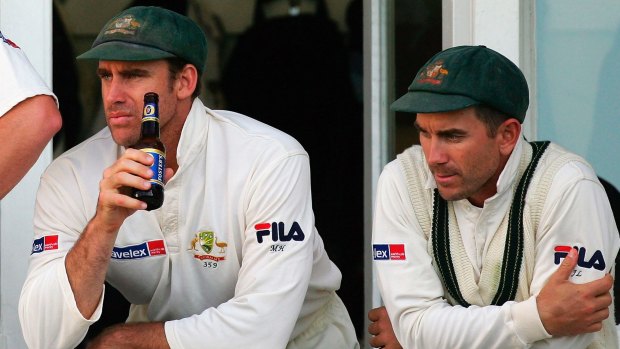 Justin Langer, right, is keen to see white balls trialled in the Sheffield Shield.