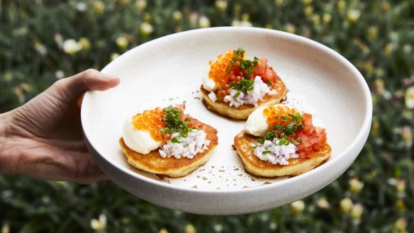 Uttapam topped with creme fraiche and Yarra Valley trout roe.