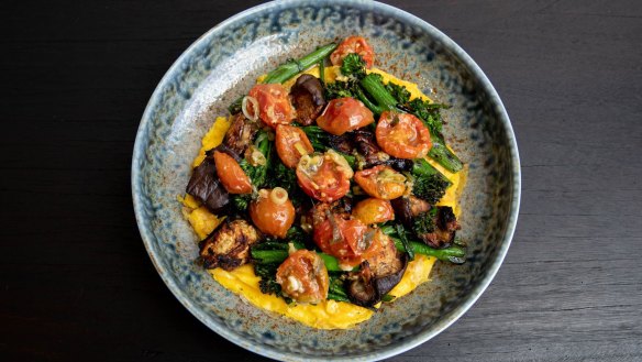 Omelette, charred broccoli shots, miso eggplant and ginger shallot dressing.