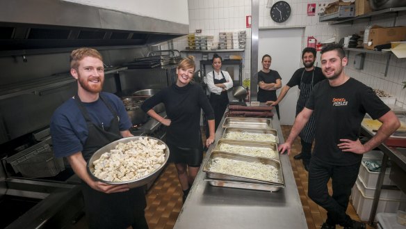 From left: chefs Ollie Scott, Tori Bicknell, Camille Petit, Luciana Silva, Dylan Forte and Tom Jacobson at Fair Feed in Elsternwick. 