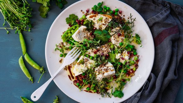 Ricotta, pomegranate and pea salad recipe. Ottolenghi inspired mix and match Middle Eastern share friendly feast recipes for Good Food, October 2019. Images and recipes by KatrinaÃÂ Meynink. Good Food use only.