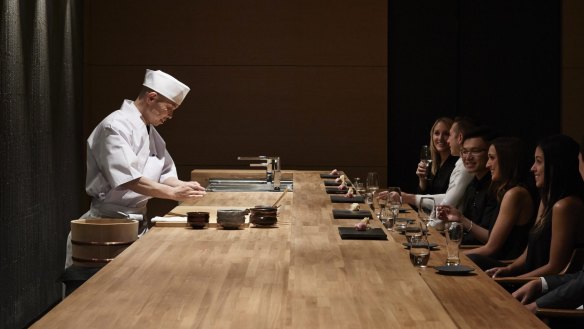 Koichi Minamishima at the sushi counter at Minamishima, Richmond.