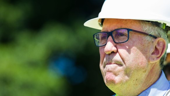 Roads Minister Duncan Gay inspecting a rig breaking ground for the start of preparation works for the first WestConnex tunnels in March
