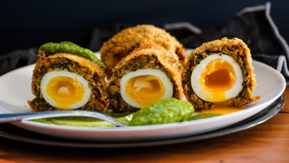 Vegetarian scotch eggs with green goddess dressing.