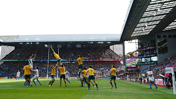 The air up there: A lineout goes awry during the 2015 Rugby World Cup Pool A match between Australia and Uruguay at Villa Park.