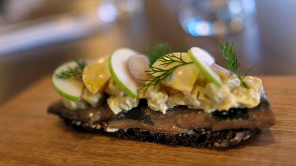 Herring, apple and egg smorrebrod at Dansk restaurant (see recipe below).