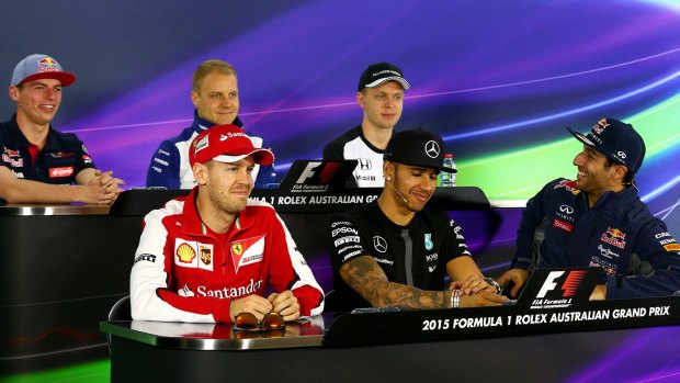 Teen among peers: Max Verstappen (top left) sits among his elder fellow drivers, including Australia's Daniel Ricciardo (bottom right).