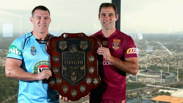 Rival captains Paul Gallen and Cameron Smith at the State of Origin series launch in Melbourne.