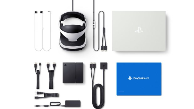Everything that comes in the PlayStation VR box, including earphones, headset, cables and processing unit.