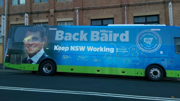 Tagged: Premier Mike Baird's bus has been vandalised in the Blue Mountains.