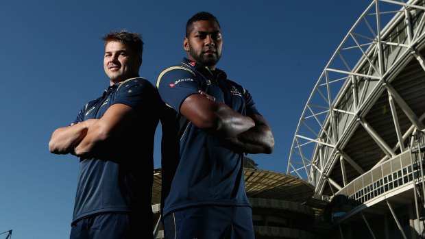 Ready: Drew Mitchell (left) and Taqele Naiyaravoro of the Wallabies pose during the Wallabies squad announcement at ANZ Stadium.