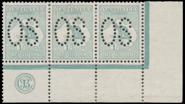 This strip of three pale blue/green one-shilling stamps, with JBC monogram attached, is one of only two known to have survived.