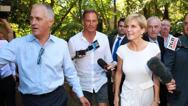 Hearty welcome: Malcolm Turnbull, David Panton and Julie Bishop.