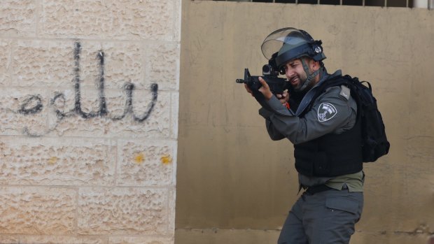 An Israeli policeman during clashes in the  city of Bethlehem in the Israeli-occupied West Bank.