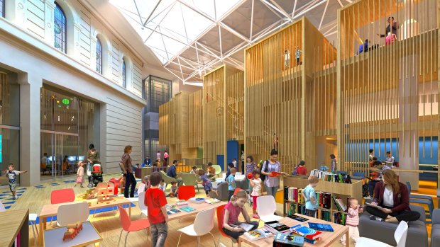 The State Library's planned Children's Quarter includes a toddler running track (left). 