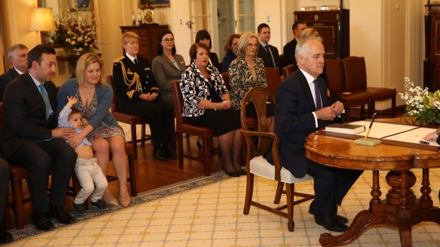 Malcolm Turnbull with daughter Daisy and son-in-law James Brown (left) at Government House in 2015.
