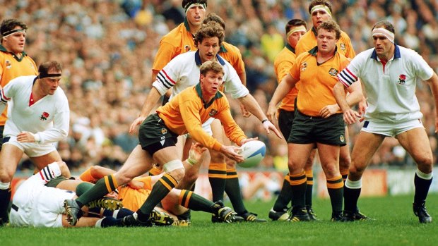 Pinnacle: Nick Farr-Jones of the Wallabies spreads the ball during the Rugby World Cup final between England and Australia at Twickenham in 1991.