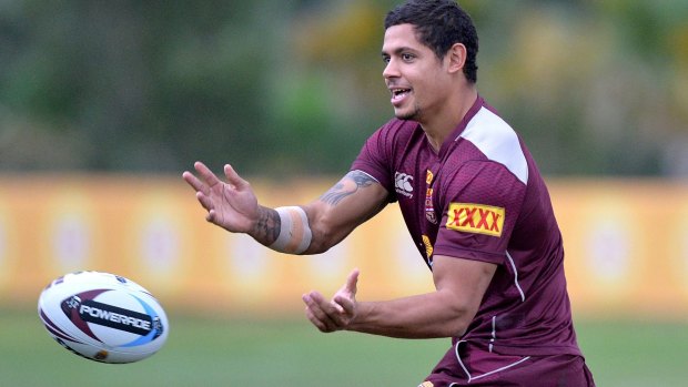 Called up: Dane Gagai passes the ball during a Maroons training session at Sanctuary Cove on Thursday.