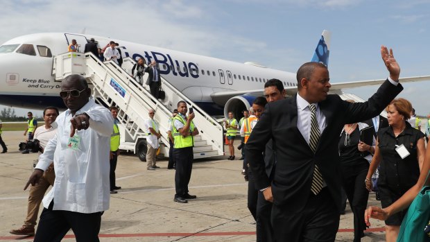 US Transportation Secretary Anthony Foxx arrives on JetBlue flight 387 at the airport in Santa Clara.