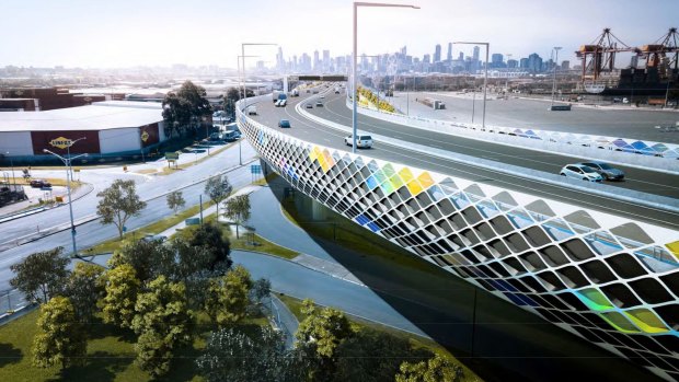 An artist's impression of the Footscray Road elevated freeway section of the West Gate Tunnel. 