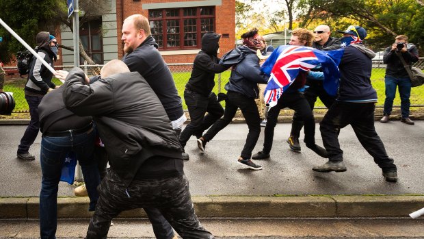 Members of far-right groupTrue Blue Crew are met with violence from the far-left group ANTIFA in May in Melbourne.