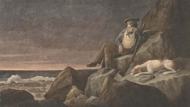 Augustus Earle's self-portrait of himself marooned on Tristan d'Acunha with his faithful dog Jemmy (1824).