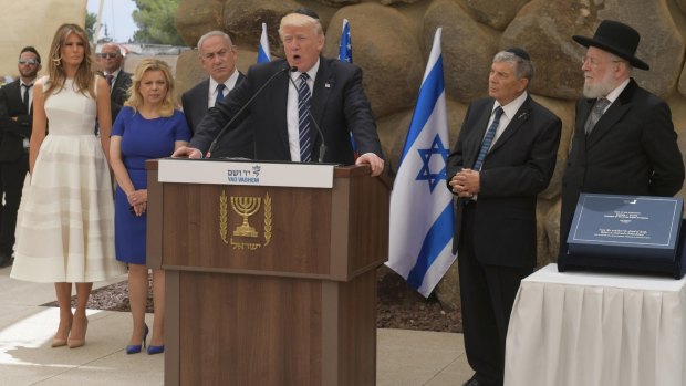 US President Donald Trump speaks at Yad Vashem Holocaust memorial in Jerusalem, accompanied by Prime Minister Benjamin Netanyahu.