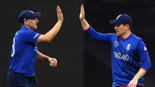 High five: England captain Eoin Morgan (right) and James Tredwell celebrate a wicket.