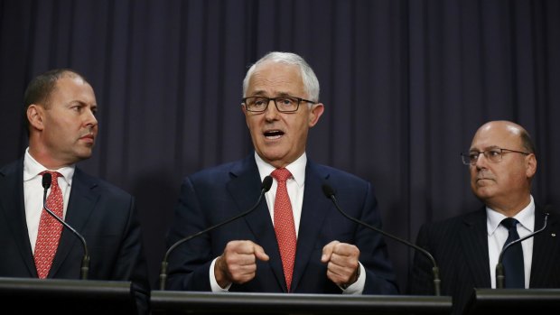 Energy Minister Josh Frydenberg (left), Senator  Arthur Sinodinos (right) and Prime Minister Malcolm Turnbull, who held talks with the gas industry over domestic supply.