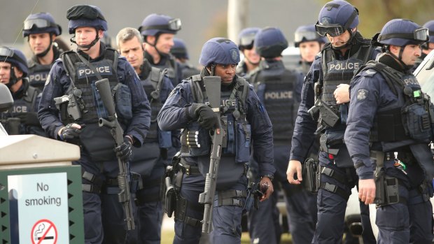 Victoria Police Special Operations Group members outside the Metropolitan Remand Centre.
