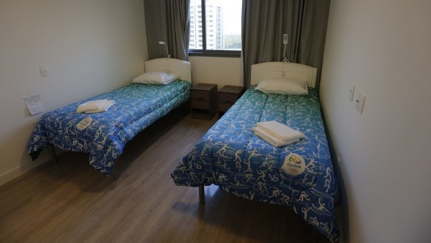 Beds stand ready in the bedroom of an apartment of the Olympic Village in Rio. 