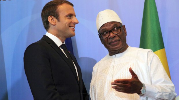 French President Emmanuel Macron with Malian President Ibrahim Boubacar Keita during the opening session of G5 Shel force summit in Bamako, on Sunday.