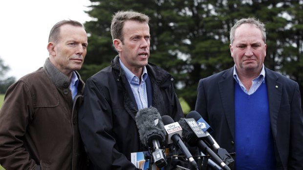 Member for Wannon Dan Tehan (centre) with PM Tony Abbott (left) and Agriculture Minister Barnaby Joyce.