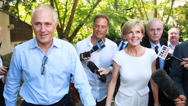 Malcolm Turnbull and Julie Bishop arrive at Rosemont House in Woollahra for Liberal Party fundraiser in February.