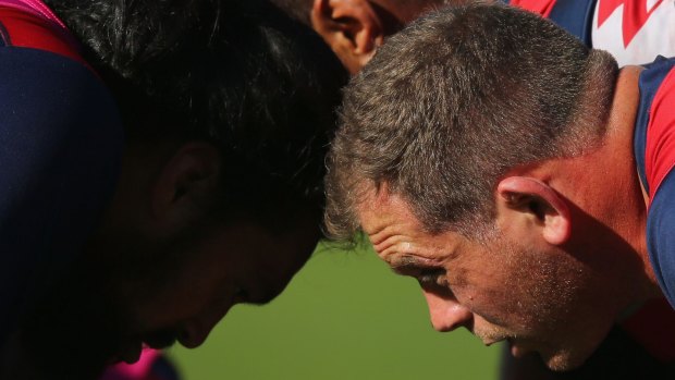 Toby Smith of the Rebels prepares for a scrum during a Melbourne Rebels Super Rugby training session.