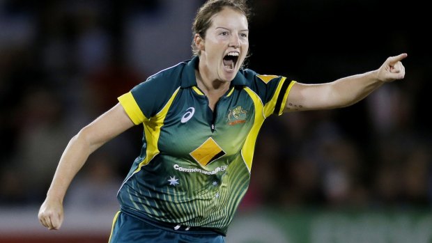 Rene Farrell celebrates taking the wicket of England's Sarah Taylor.