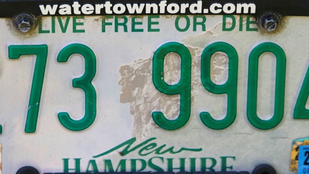 A New Hampshire licence plate featuring the state motto "Live Free or Die" in Rindge, New Hampshire.