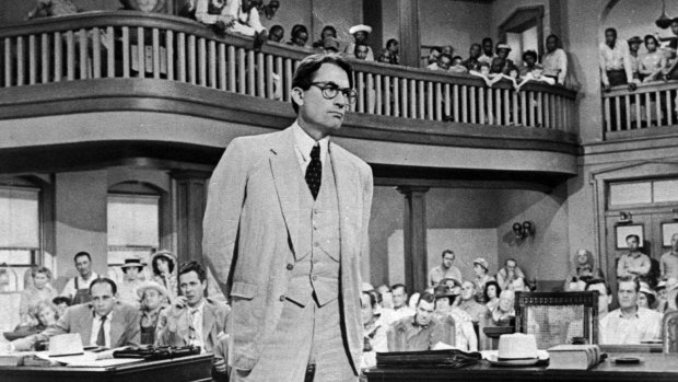 Gregory Peck as Atticus Finch in the segregated court room of 'To Kill a Mockingbird', the film based on Harper Lee's novel. 