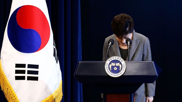 South Korean President Park Geun-Hye bows during an address to the nation on November 29.