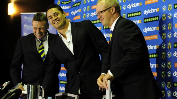 In happier times: Eels CEO Scott Seward (right) and chairman Steve Sharp (left) with Jarryd Hayne on the day the latter revealed his code switch.  