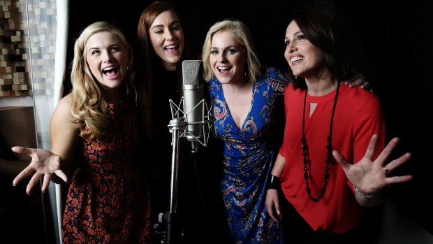 Lucy Durack (the original Glinda in the Australian production of Wicked,Jemma Rix (who took over from Amanda as Elphaba and played the role for seven years), Helen Dallimore (the original Glinda in the London production of Wicked) and  Amanda Harrison (the original Elphaba in the Australian production of Wicked), in the recording studio.