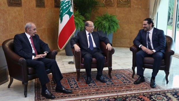Lebanese President Michel Aoun, centre, meets with PM Saad Hariri, right, and Parliament Speaker Nabih Berri, left, at the Presidential Palace in Baabda.