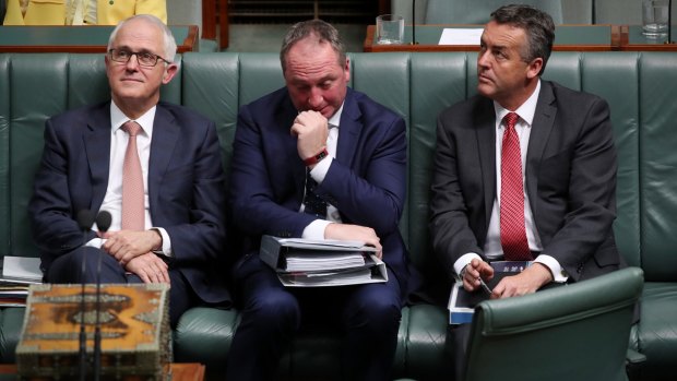 Prime Minister Malcolm Turnbull, Deputy Prime Minister Barnaby Joyce and Minister Darren Chester during question time at Parliament House.